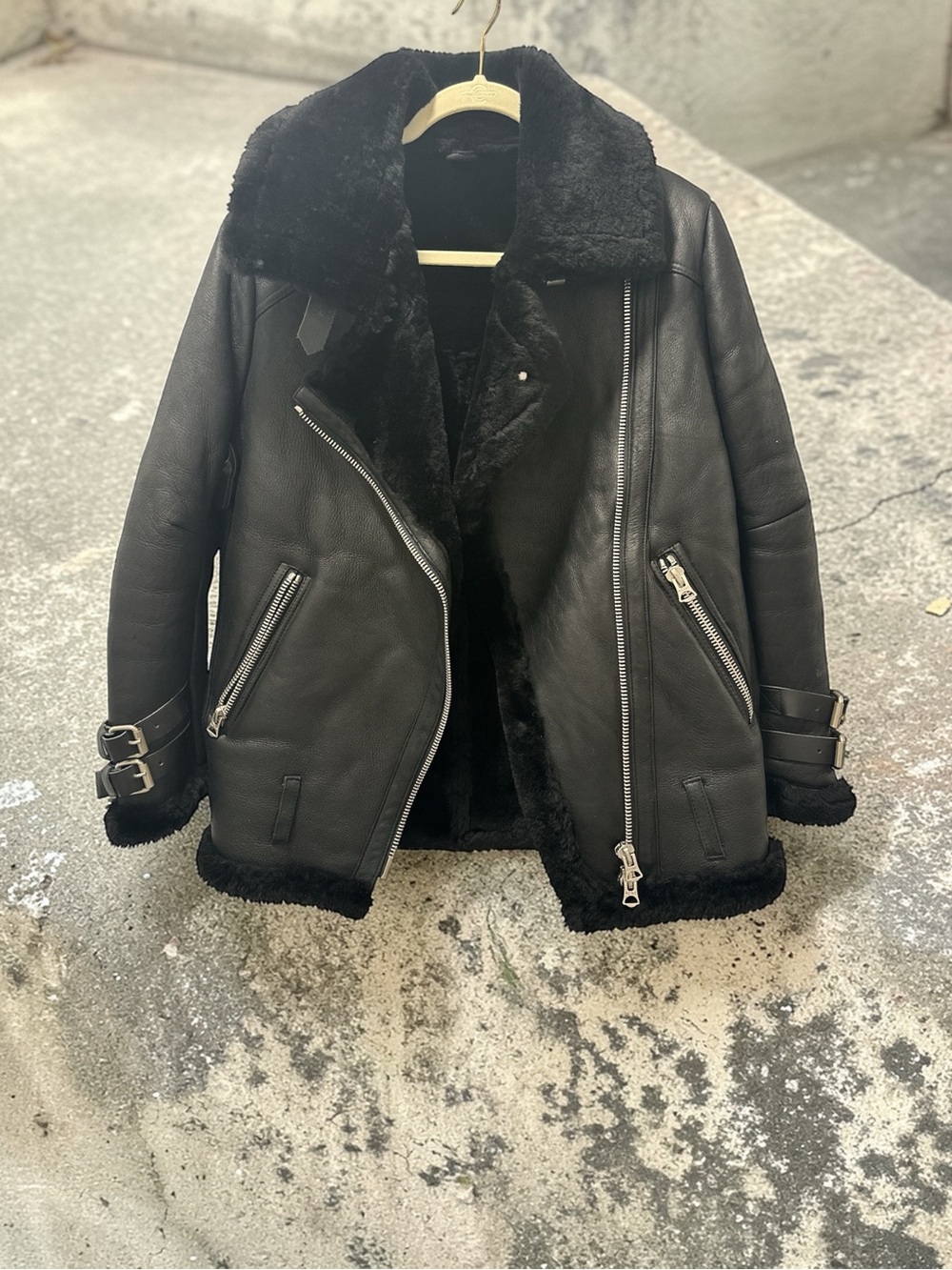Acne Black Shearling Leather Biker Jacket